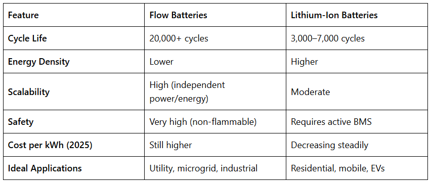 Table outlining differences in cycle life, energy density, scalability, safety, cost, and applications between flow and lithium-ion batteries.