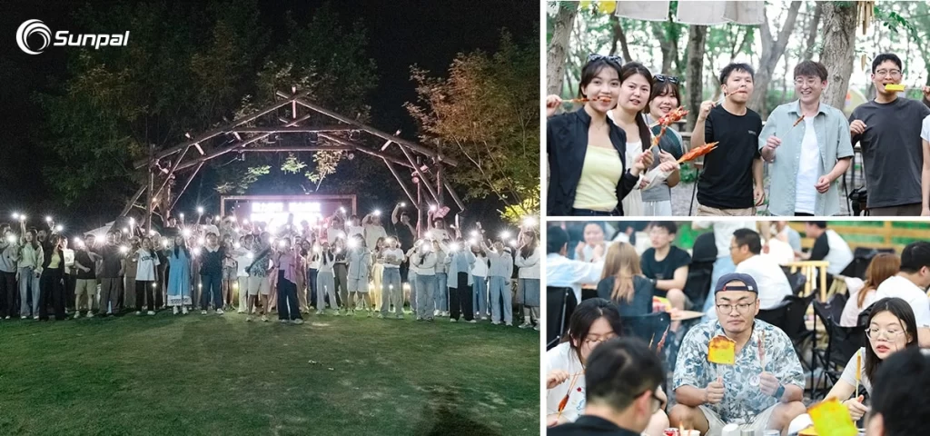 Empleados de Sunpal disfrutando de una barbacoa nocturna y una hoguera, sosteniendo luces en una foto de grupo.