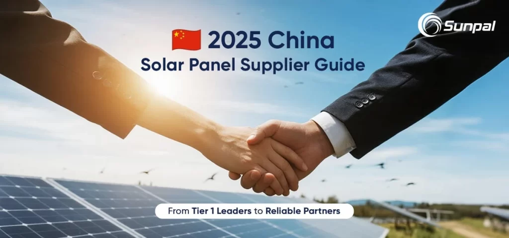Illustration of PV modules, factory silhouettes, and a checklist headline: guide to Chinese panel suppliers in 2025.