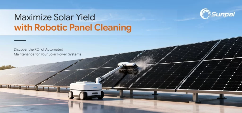 Mobile robotic arm cleaning large PV array, removing dust and debris to boost panel performance.