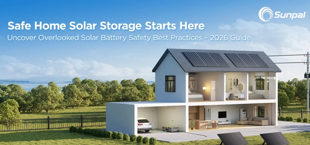 Detaillierte digitale Illustration eines solarbetriebenen Hauses mit sichtbarem Batteriespeicher im Inneren, der mit einem Elektroauto verbunden ist; saubere Landschaftsgestaltung und ruhiger Hintergrund kontrastieren mit einem dringenden Aufruf zu übersehenen Sicherheitsprotokollen.