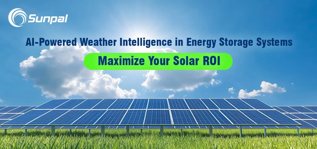 Sauber ausgerichtete Solarmodule in einem sonnenbeschienenen Feld, heller Himmel mit weißen Wolken; die Markengrafik betont die KI-gestützte Wetterintelligenz für die Energiespeicherung.