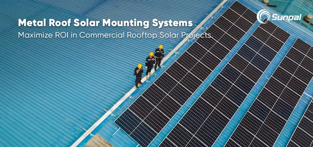 Sonnenbeschienene Luftaufnahme einer Solaranlage auf einem Metalldach, Arbeiter inspizieren die Anlage, Sunpal-Logo in der Ecke.