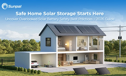 Schnittdarstellung eines modernen zweistöckigen Hauses mit Solarpaneelen auf dem Dach und auf dem Boden, einem weißen Elektrofahrzeug in der Garage, das an ein Batteriesystem angeschlossen ist, eingebettet in eine üppige Landschaft unter strahlend blauem Himmel. Das Overlay hebt die sicherheitsrelevante Energiespeicherung hervor.