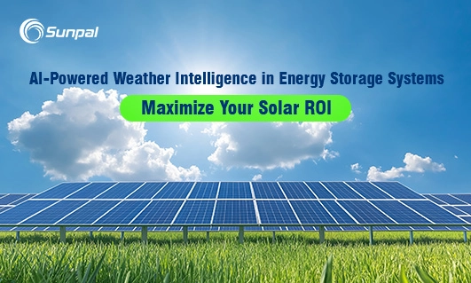 Reihen von blauen Solarmodulen unter einem klaren blauen Himmel mit vereinzelten Wolken, grünes Gras im Vordergrund; der Text lautet “AI-Powered Weather Intelligence in Energy Storage Systems - Maximize Your Solar ROI”.”