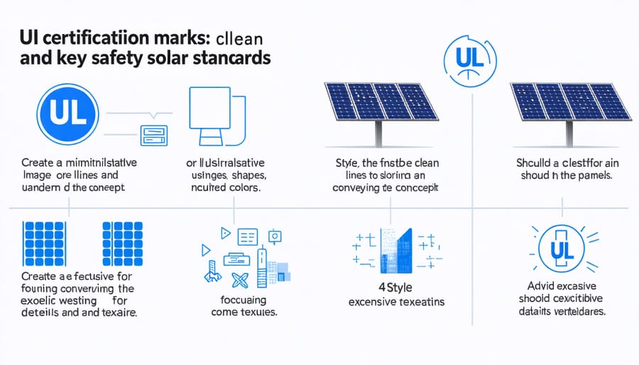 Infografik mit UL-Zertifizierungszeichen, beschrifteten Diagrammen von Solarmodulen und vereinfachten Illustrationen von Sicherheitsmerkmalen für Design und Konstruktion; enthält Text in Form von Platzhaltern, der die wichtigsten Sicherheitsnormen für Solaranlagen angibt.