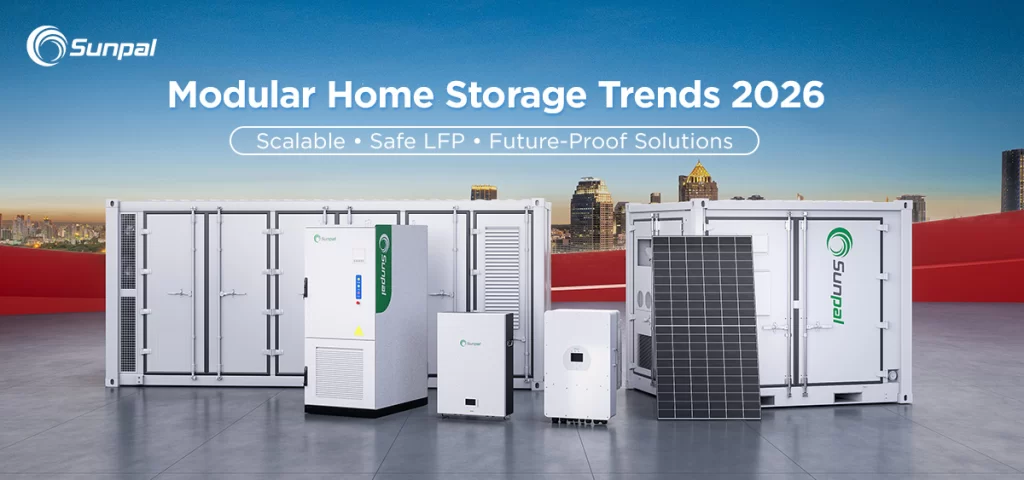 Industrial-grade modular storage units and residential solar hardware displayed on a platform with a sunset city background and "Modular Home Storage Trends 2026" text.