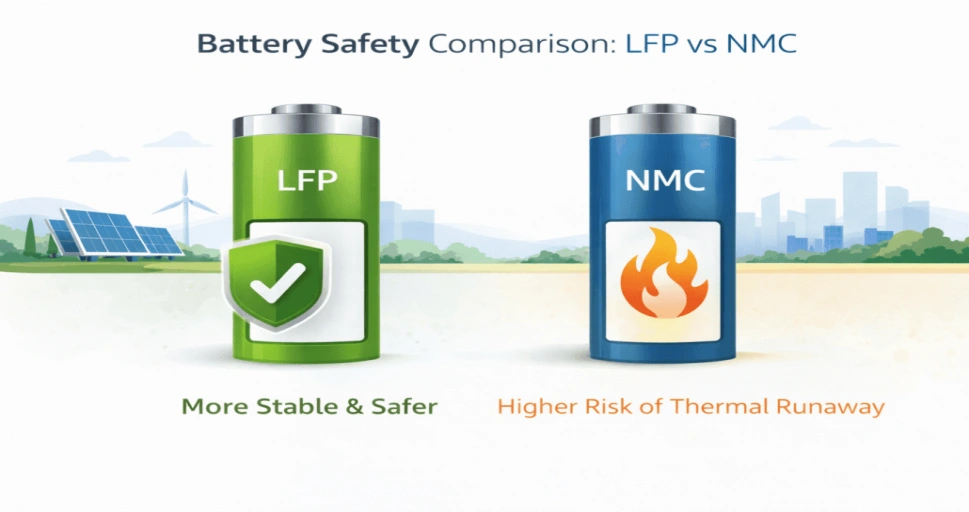 Green LFP battery with renewable energy icons, shield, and checkmark labeled 'More Stable & Safer' next to blue NMC battery with city skyline and flame symbol labeled 'Higher Risk of Thermal Runaway'