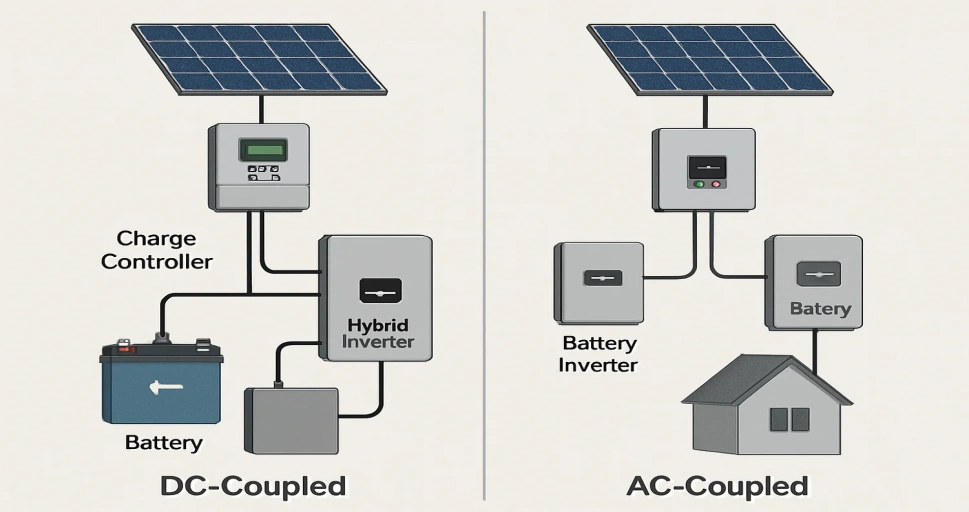 Side-by-side diagrams comparing DC-coupled (with charge controller and hybrid inverter) and AC-coupled (with battery inverter connected to a house) solar energy systems.