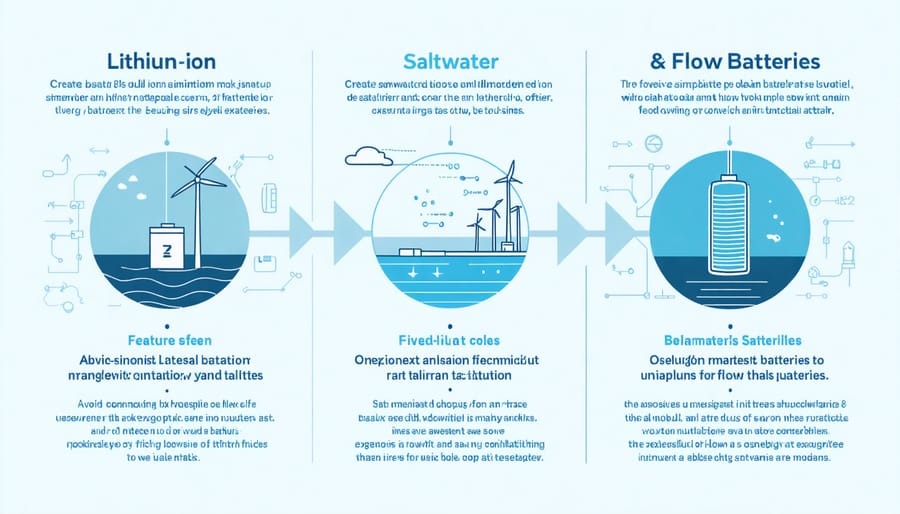 An infographic divided into three sections comparing Lithium-ion, Saltwater, and Flow batteries, featuring icons of wind turbines, solar energy, and storage cells in a blue and white color scheme.