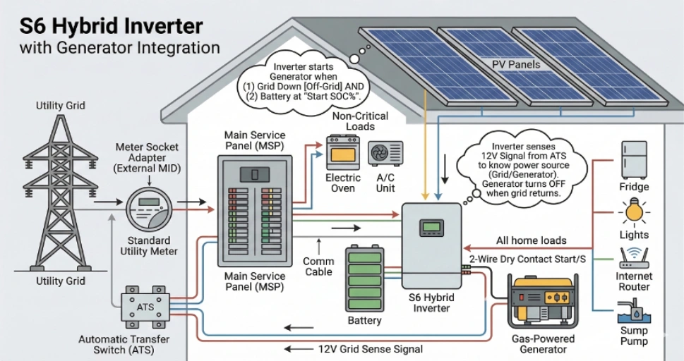 A technical schematic showing an S6 Hybrid Inverter connecting solar panels, battery storage, a gas-powered generator, and the utility grid to power a home's critical and non-critical loads.