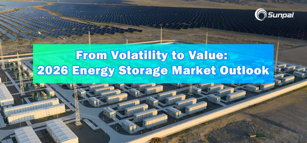 Rows of battery storage containers near solar panels.