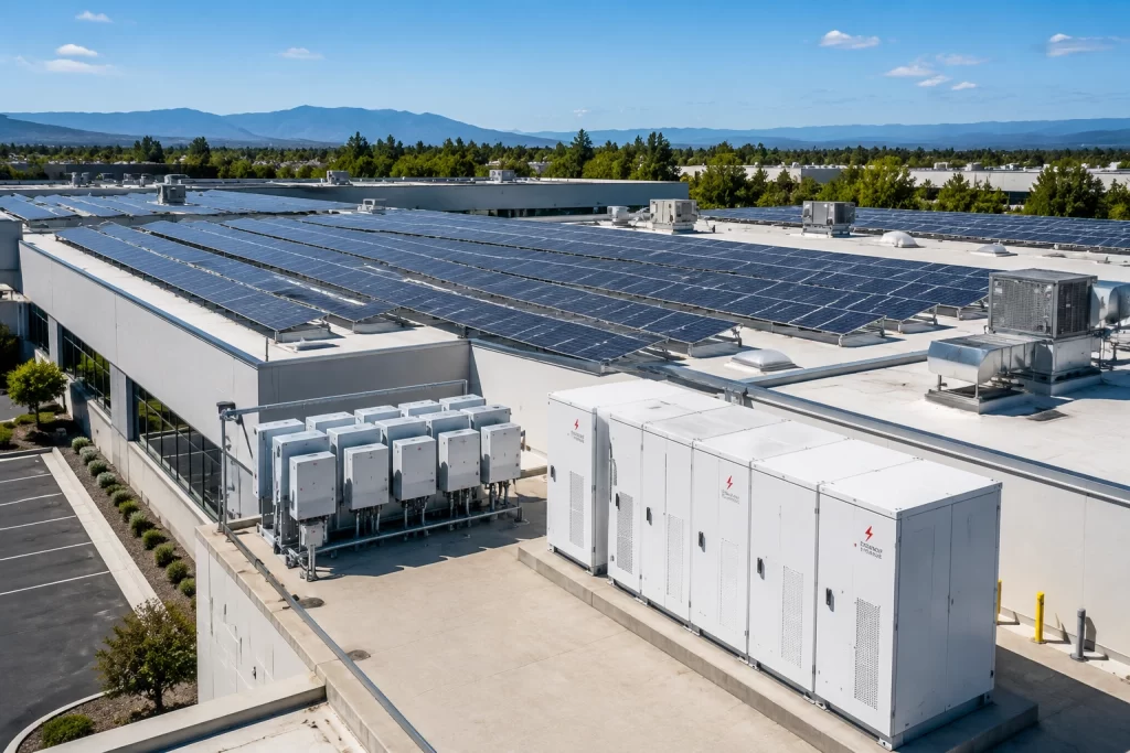 Solar panels and battery storage units on a commercial rooftop.