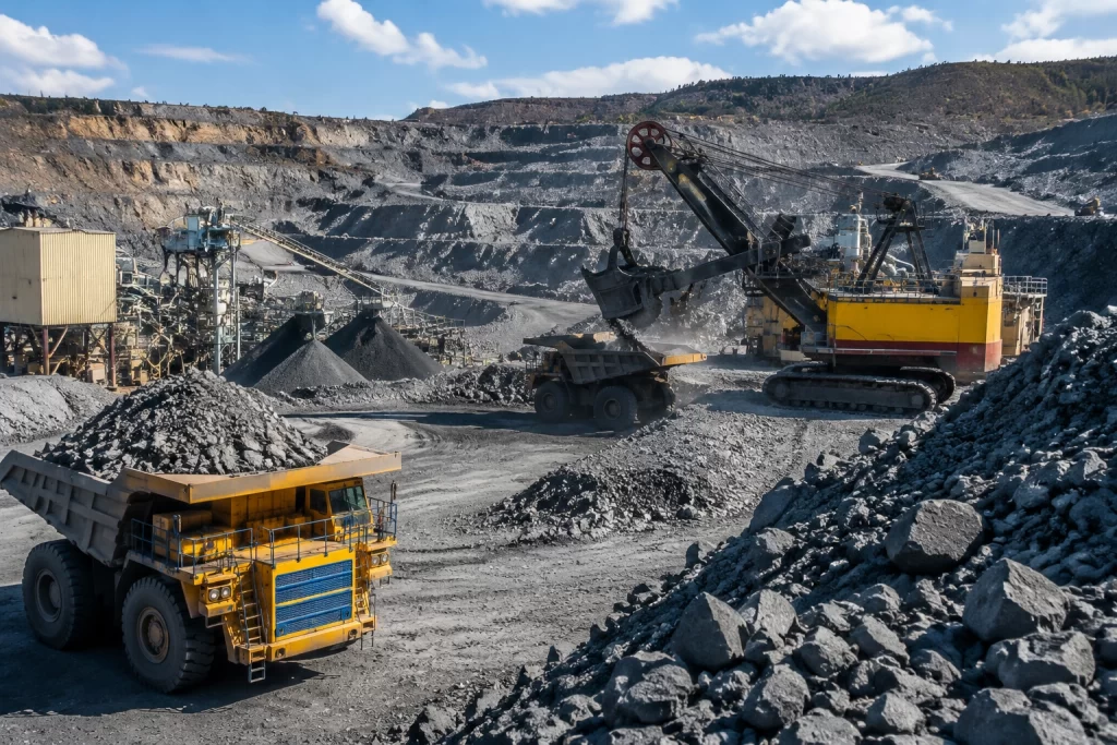Open-pit mine with heavy equipment and haul trucks moving rock.