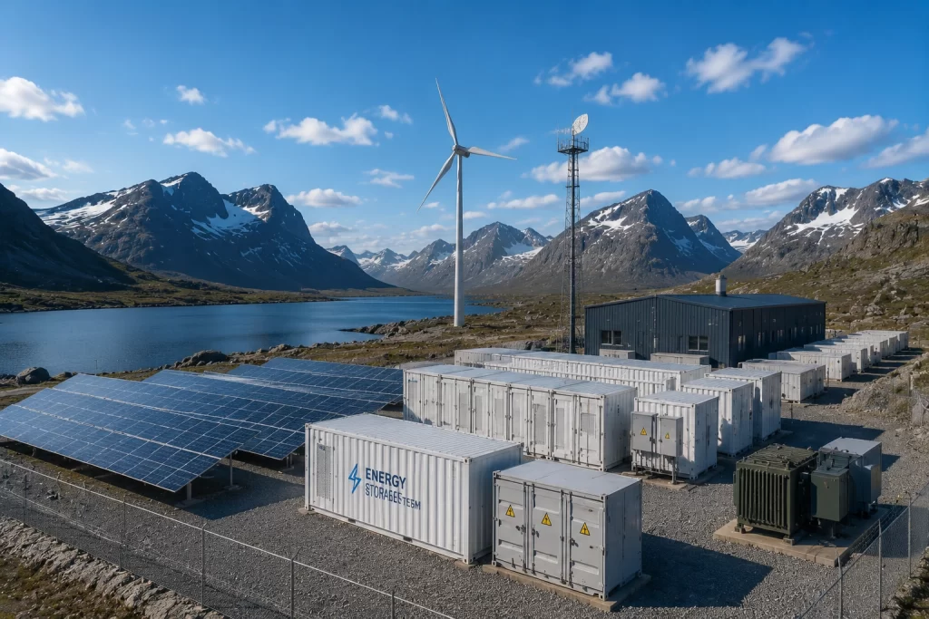 Solar panels and battery containers in a remote mountain microgrid.