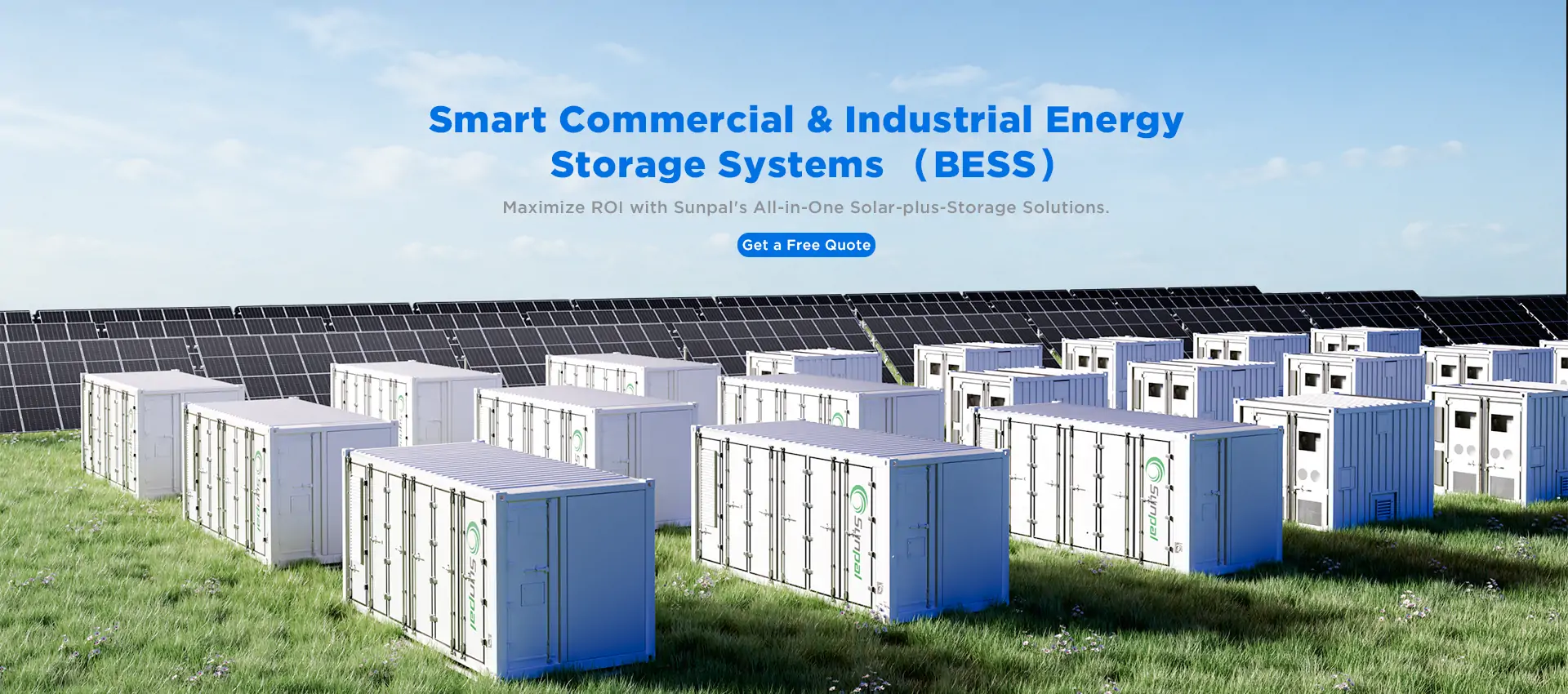 Sunpal commercial and industrial containerized battery energy storage system array integrated with utility scale solar panels