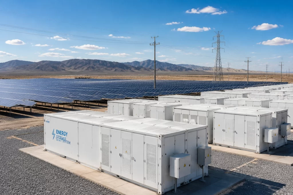 White BESS containers near a solar farm and grid transmission lines.