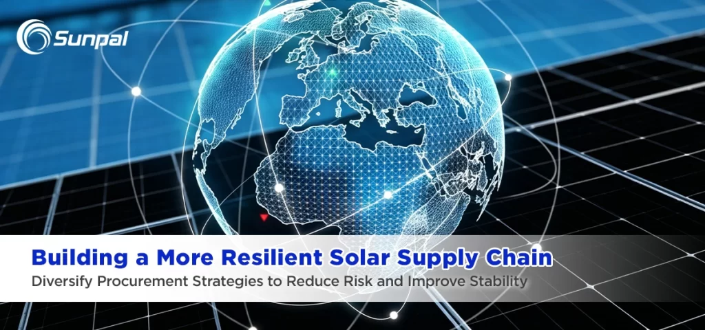 A global network graphic above a solar panel background.