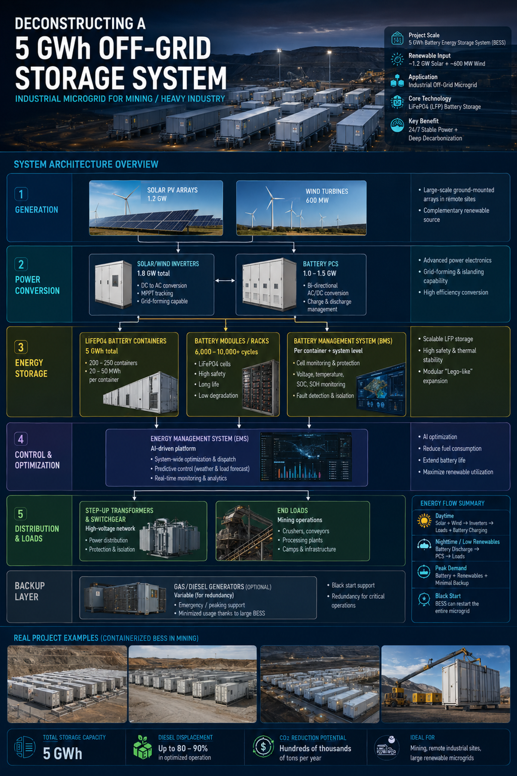 Infographic showing a 5 GWh off-grid industrial microgrid with solar, wind, batteries, and control systems.