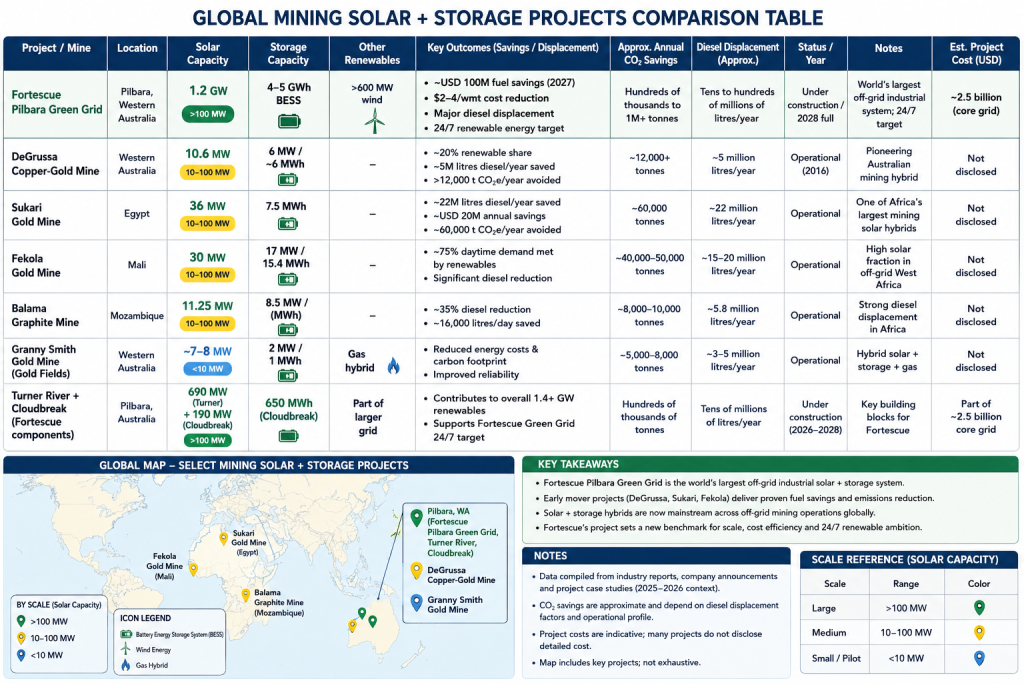 Eine Infografik, die Solar- und Energiespeicherprojekte auf globalen Bergbaustandorten vergleicht, mit einer Datentabelle und einer Weltkarte.