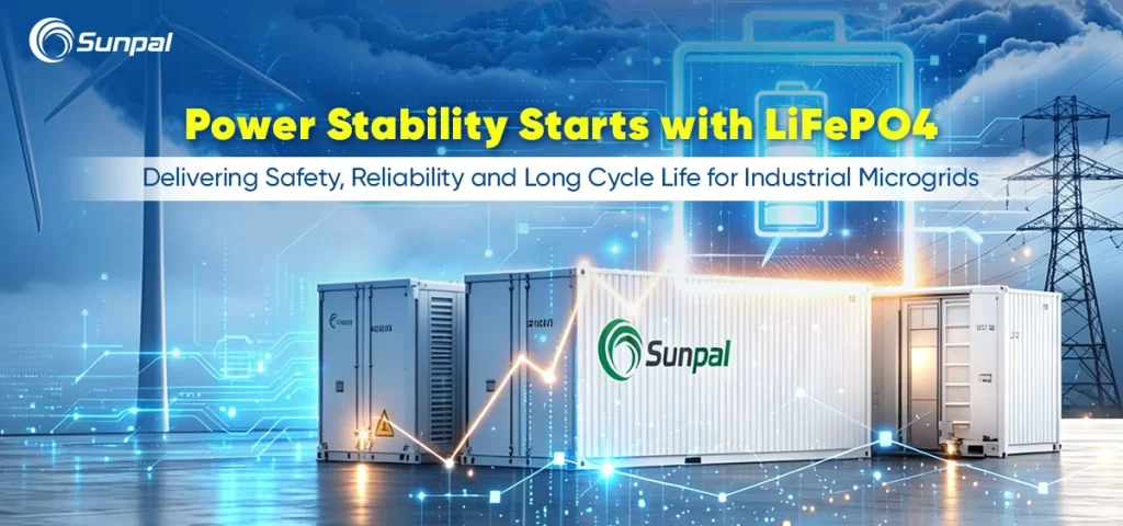 Industrial battery containers in a microgrid-themed energy storage banner.