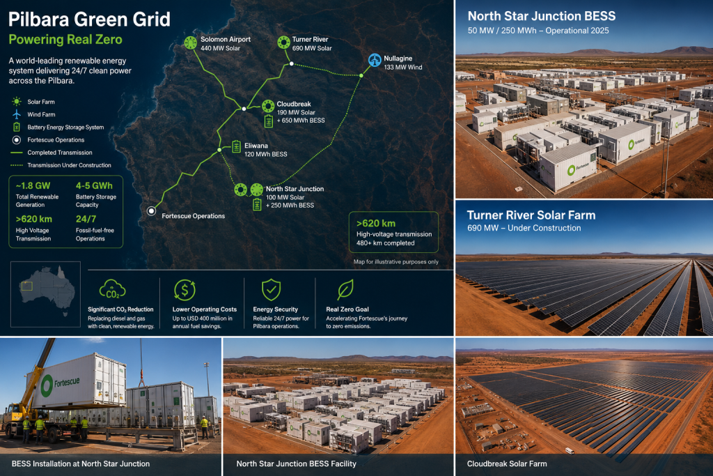 Infografik-Karte des „Pilbara Green Grid“ mit Solar-, Wind- und BESS-Standorten sowie Projektfotos.