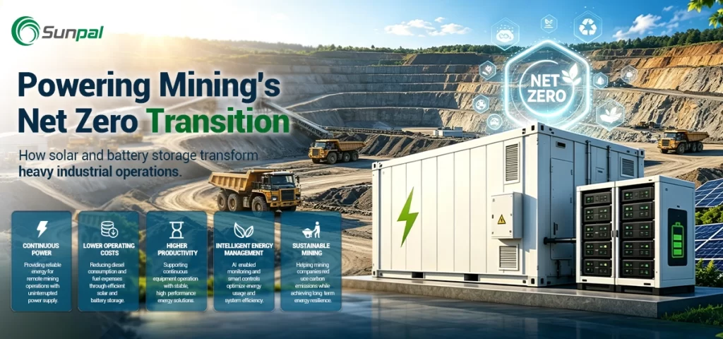 Bergbau-Standort mit Solaranlagen und Energiespeichern.