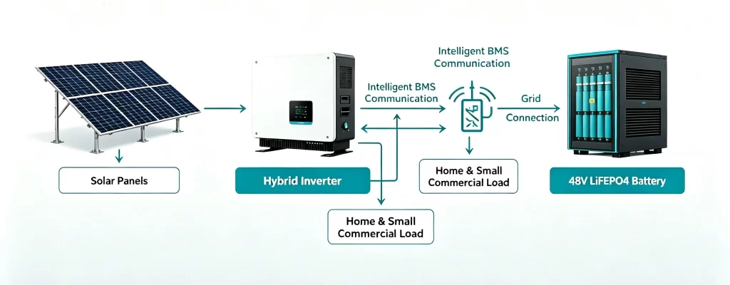 Topología de un sistema de almacenamiento solar integrado con batería de litio de 48 V e inversor híbrido