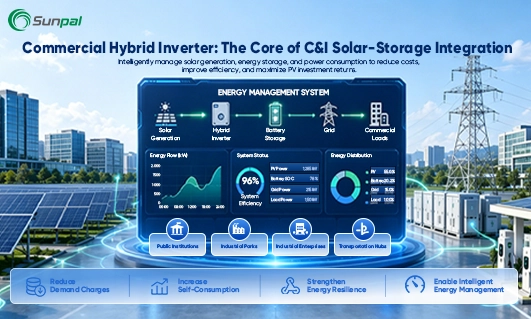 Commercial hybrid inverter connecting solar, battery storage, grid, and commercial loads