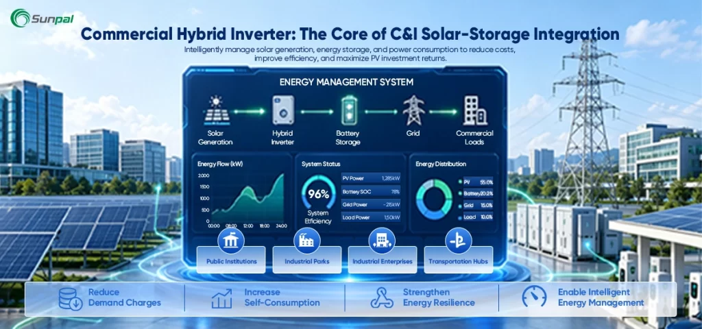 Commercial hybrid inverter integrating solar PV, battery storage, grid power, and commercial loads