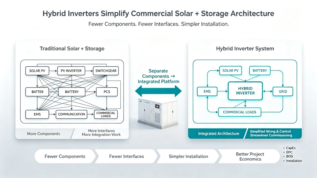 Traditional vs. hybrid inverter architecture for commercial solar-plus-storage systems