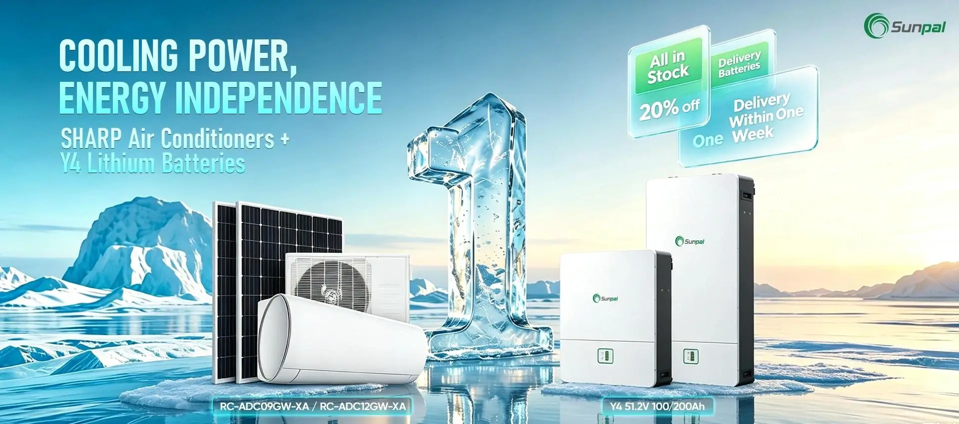 SHARP air conditioner paired with Sunpal Y4 51.2V lithium batteries set against an icy background, illustrating energy independence and off-grid cooling power.