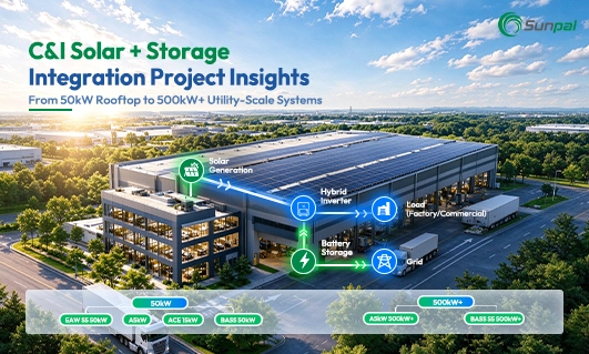 Commercial and industrial solar solutions featuring rooftop solar panels, hybrid inverters, battery storage and grid integration for 50kW to 500kW+ systems.