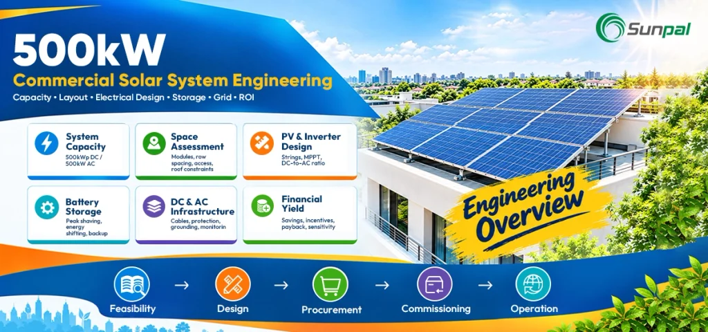 Infografía sobre proyectos solares comerciales e industriales que ilustra el diseño de un sistema fotovoltaico de 500 kW en tejado, la evaluación del sitio, el almacenamiento de baterías, la conexión a la red, la adquisición, la puesta en marcha y el funcionamiento.