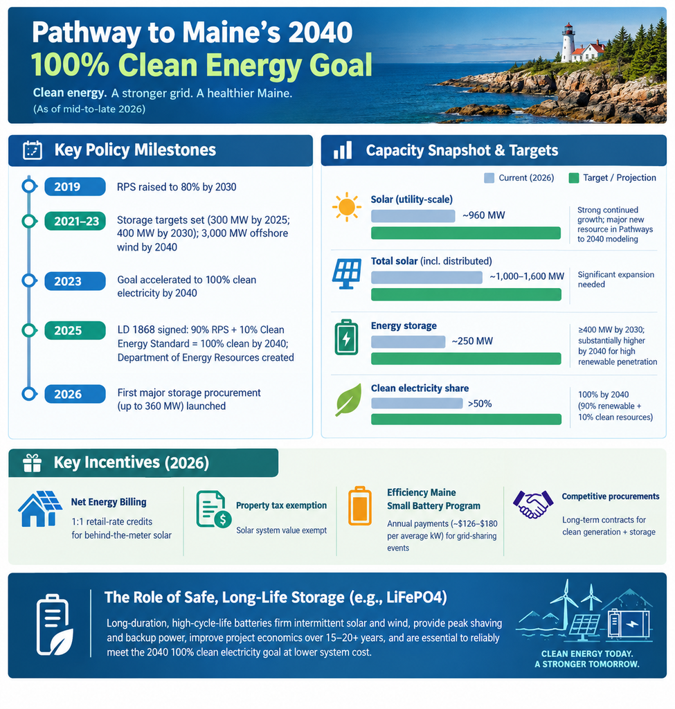 Infografía que resume los logros en materia de energía limpia de Maine, los objetivos de capacidad, los incentivos y el papel del almacenamiento de energía de larga duración.